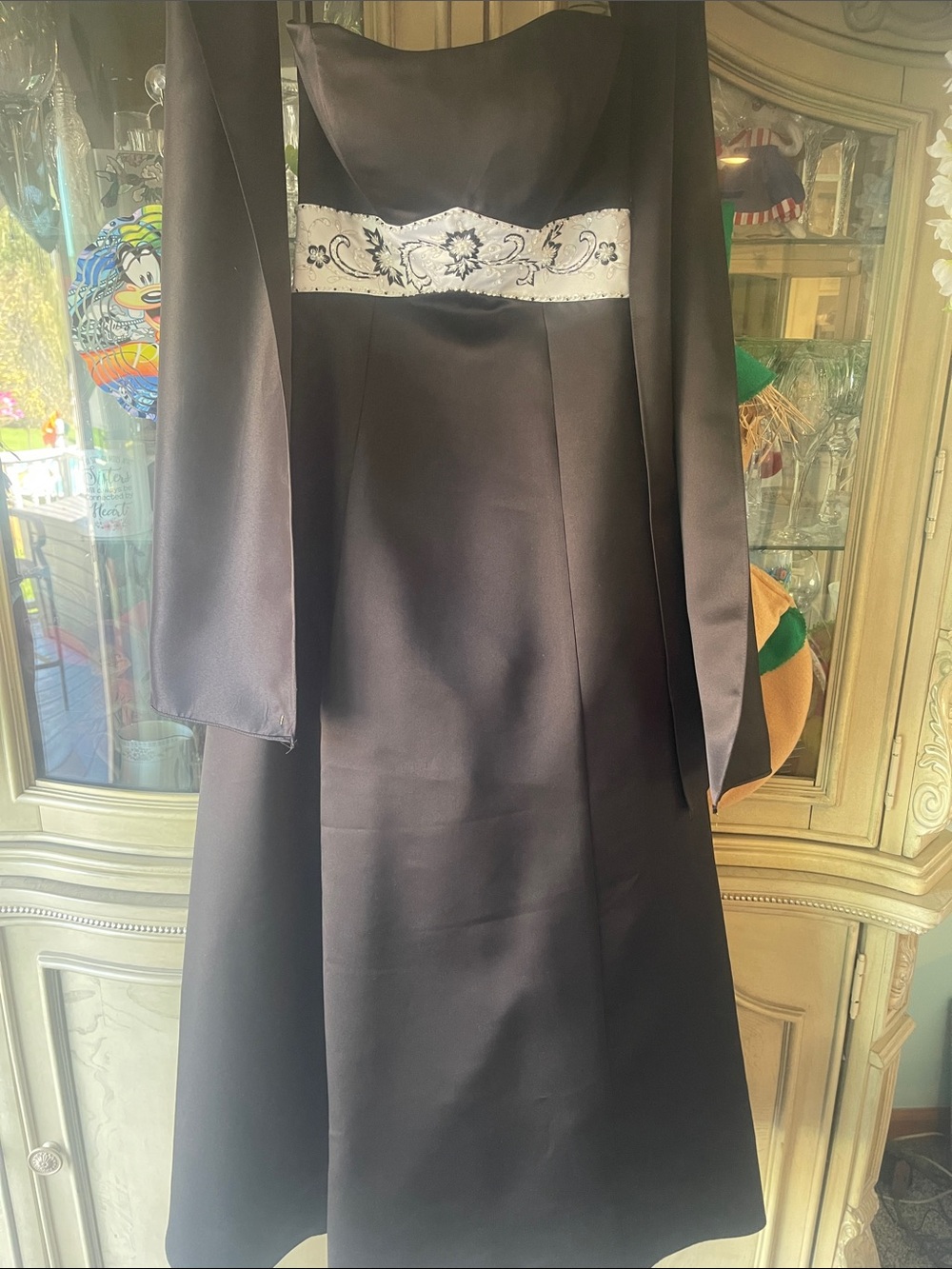 Black Satin Evening Dress with Embroidered Waistband.